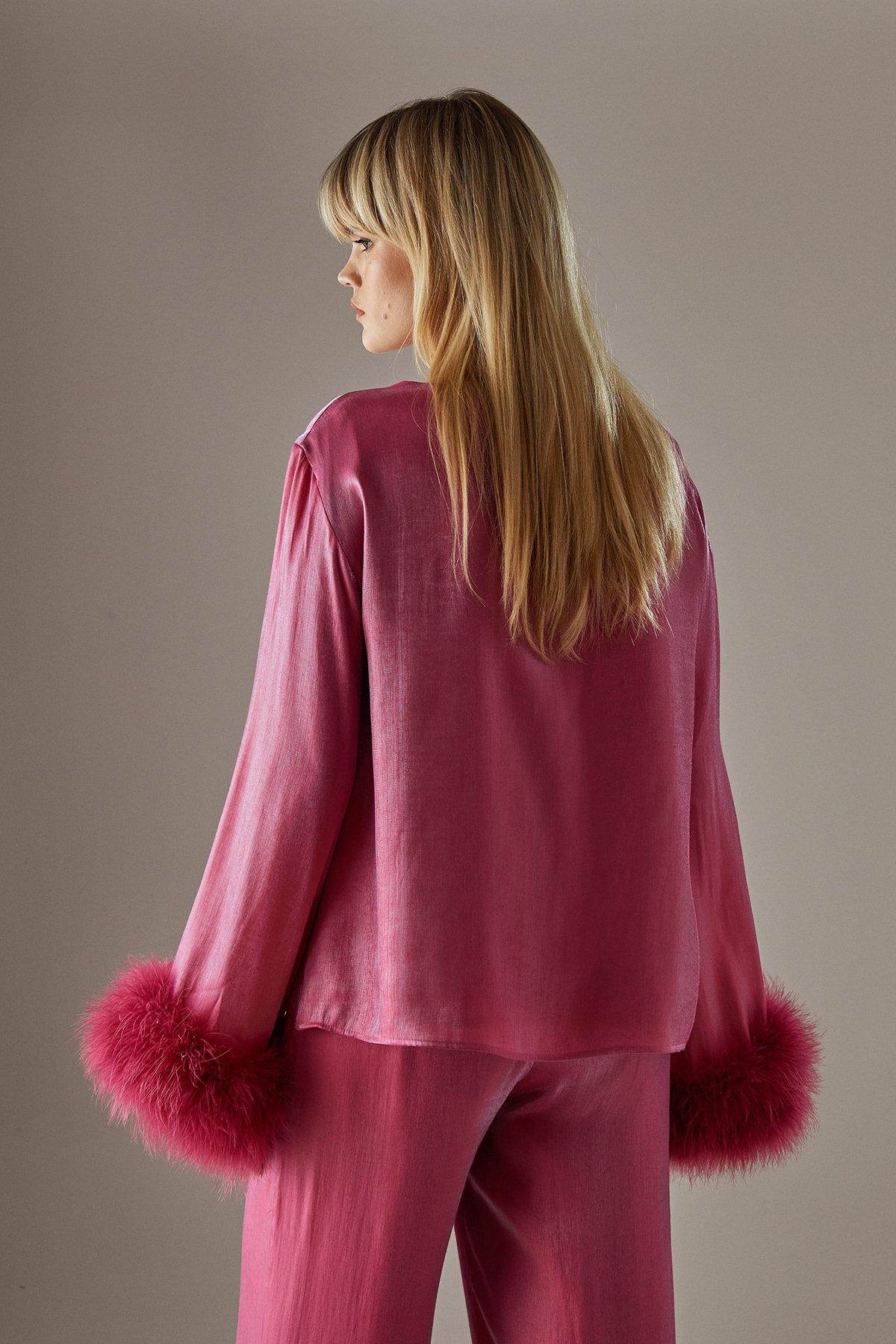 Warehouse Premium Iridescent Feather Cuff Oversized Top Pink image 3