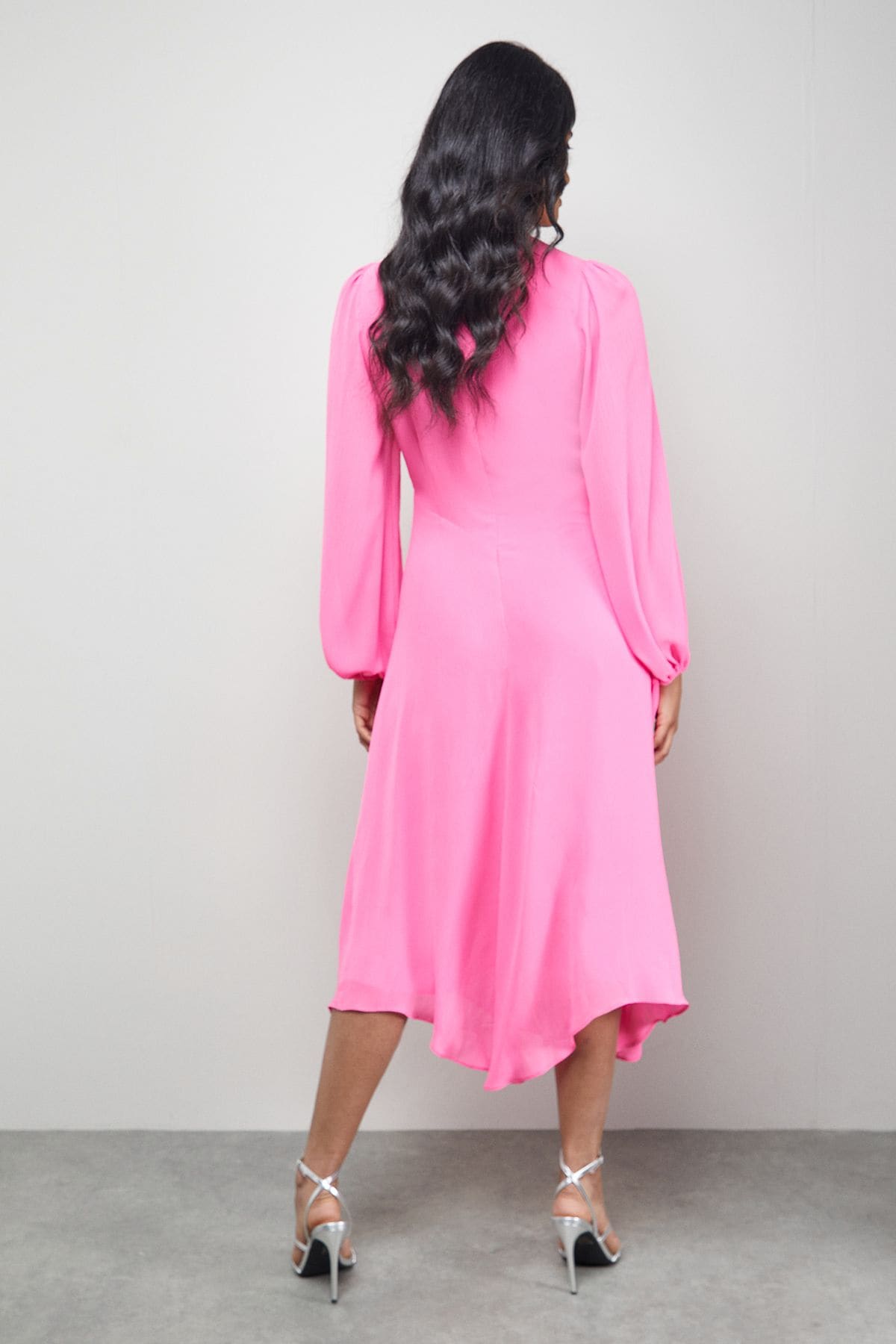 Warehouse Tony Chiffon Plunge Neck Asymmetric Hem Midi Dress Bright Pink image 4