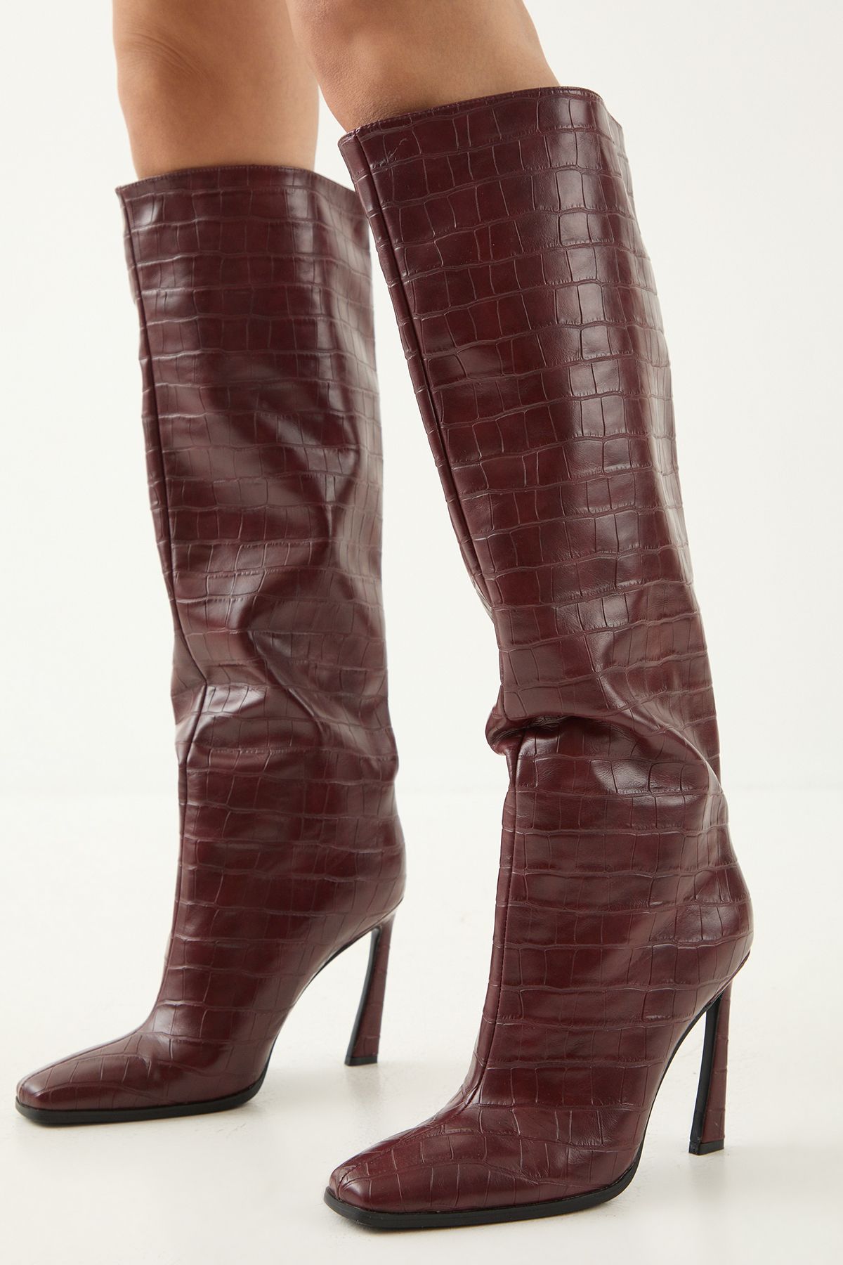 MissPap Faux Croc Leather High Flared Stiletto Heel Knee Boots Burgundy image 4