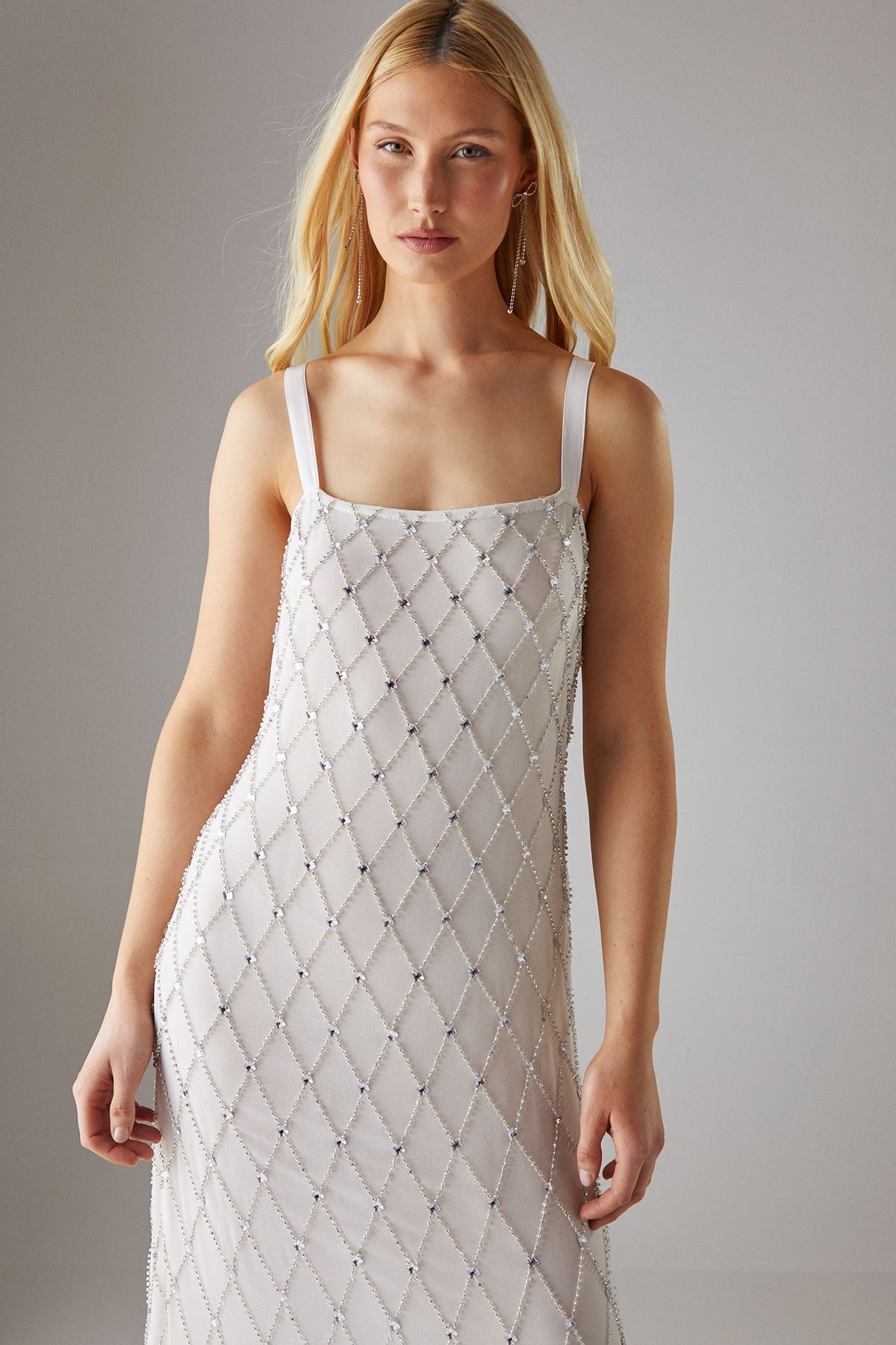 Warehouse Hand Embellished Strappy Sequin Fringe Hem Midi Dress Ivory image 4