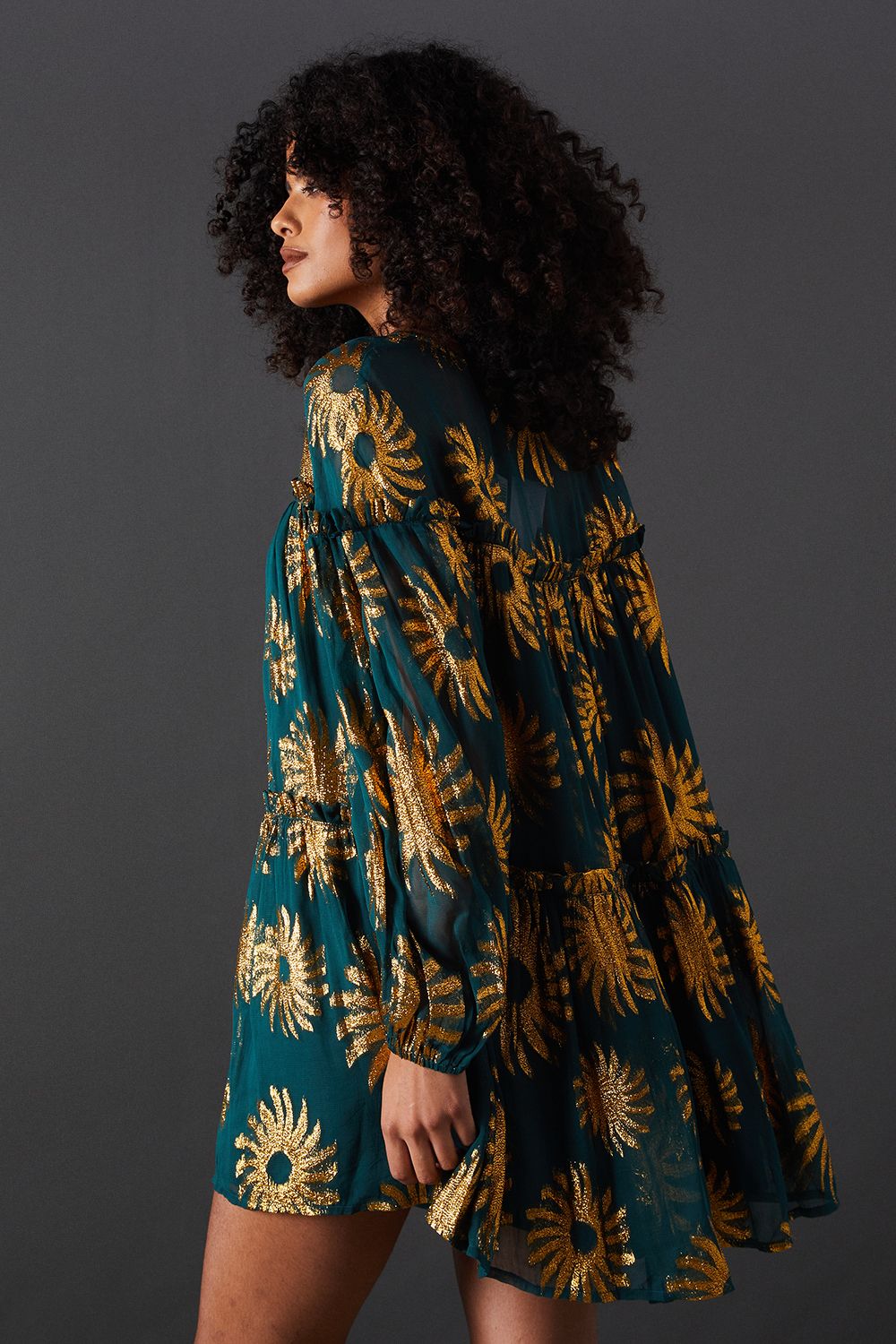 Warehouse Sun Metallic Jacquard Frill Detail Mini Smock Dress Dark Green image 3