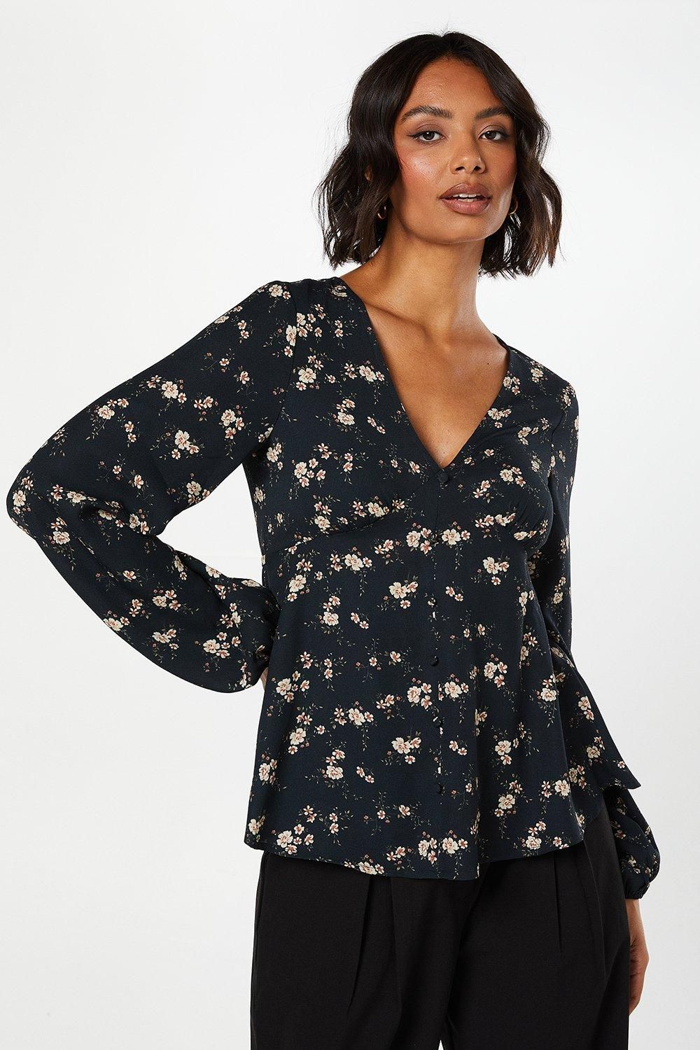 Dorothy Perkins Ditsy Floral Long Sleeve Button Front Tea Blouse Floral image 1