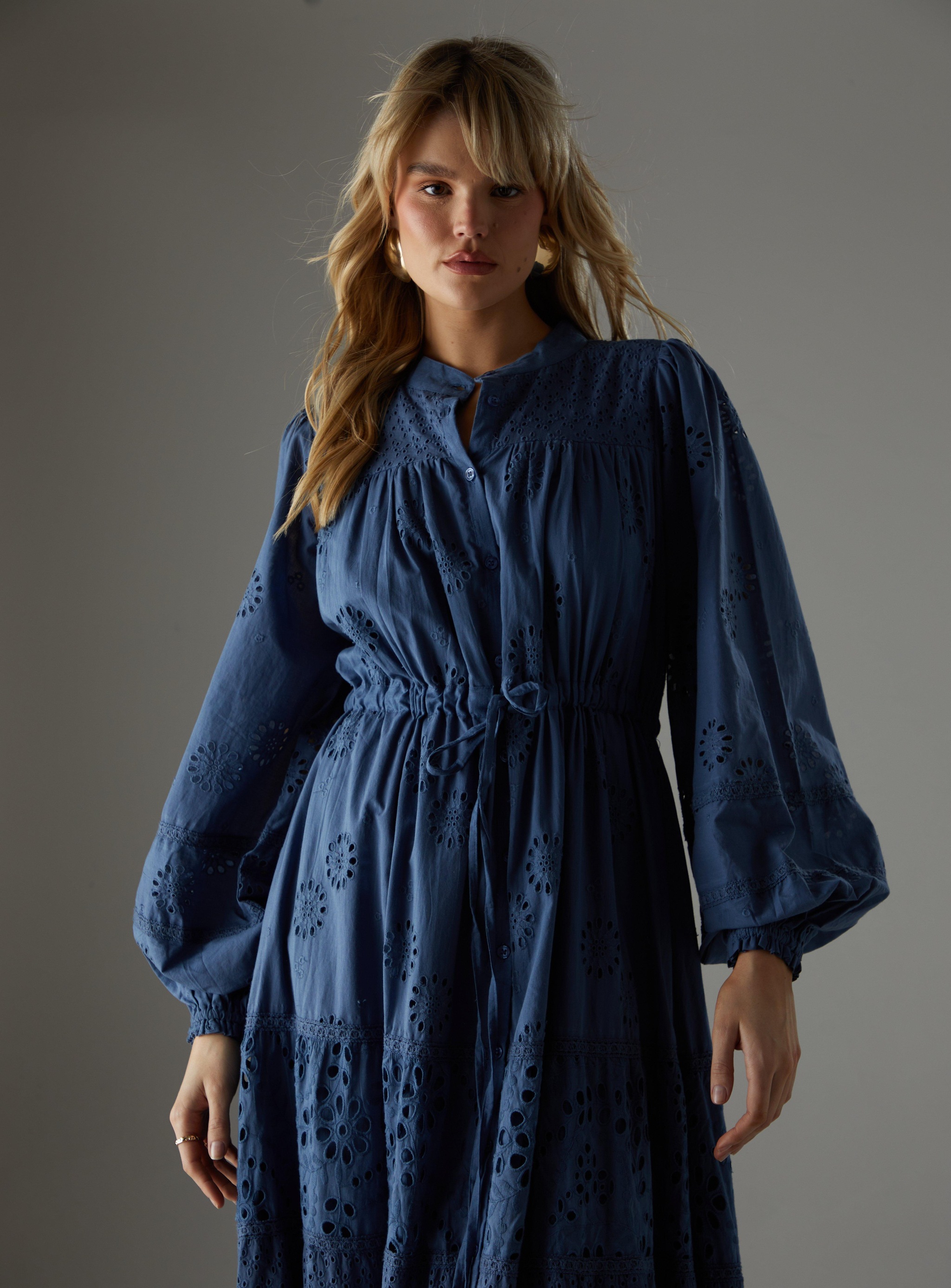 Warehouse Blue Midi Lace Dress Warehouse Blue Broderie Drawstring