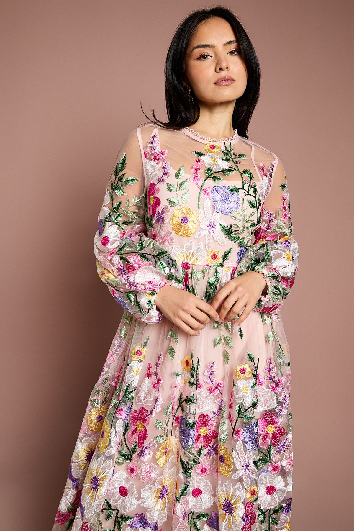 Coast Petite Long Sleeve Embroidered Maxi Dress Peach image 2