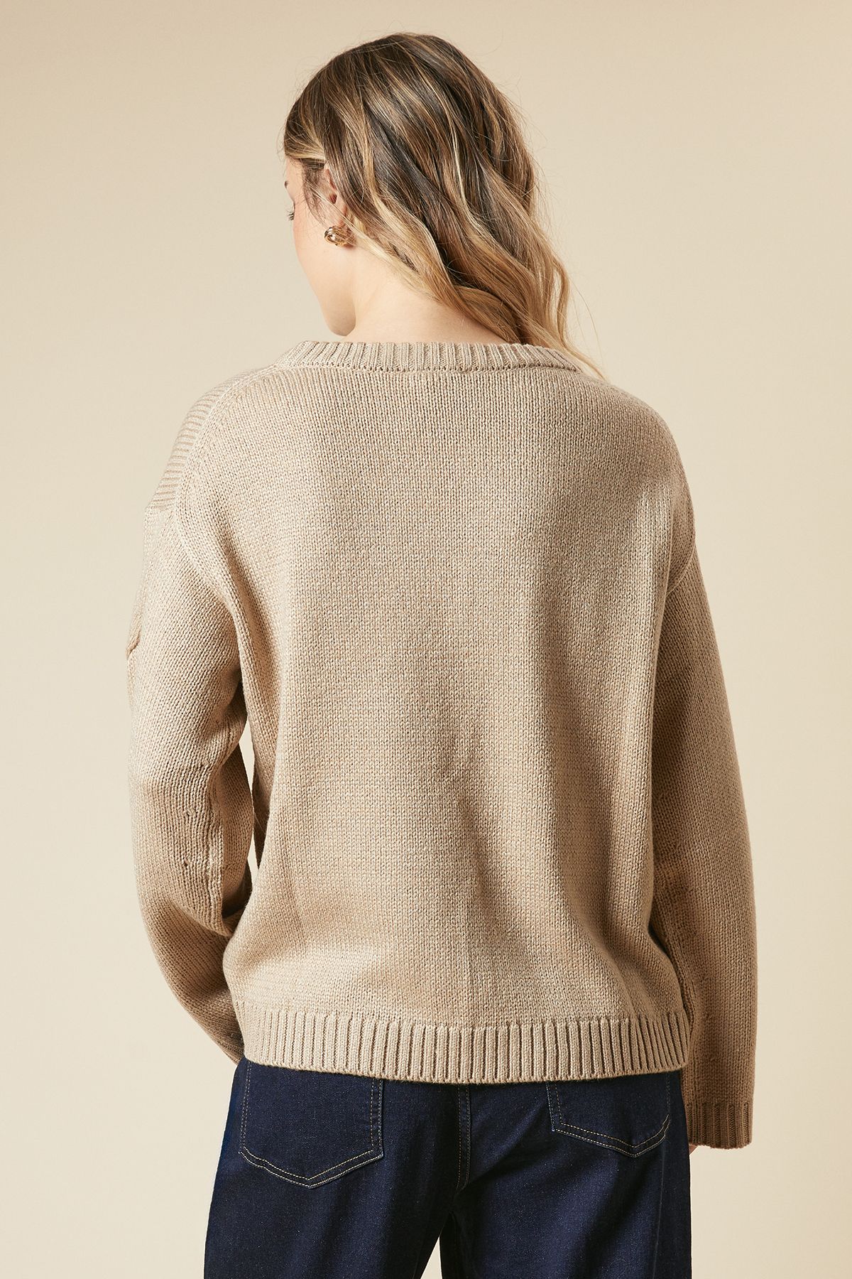 Dorothy Perkins Centre Front Cable Design Crew Neck Jumper Oatmeal image 3