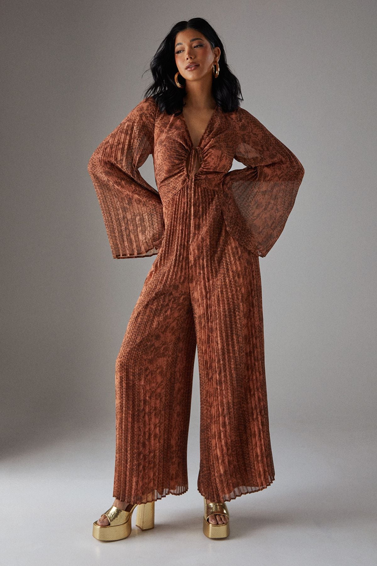 Warehouse Chiffon Pleated Keyhole Flared Sleeve Jumpsuit Brown image 1