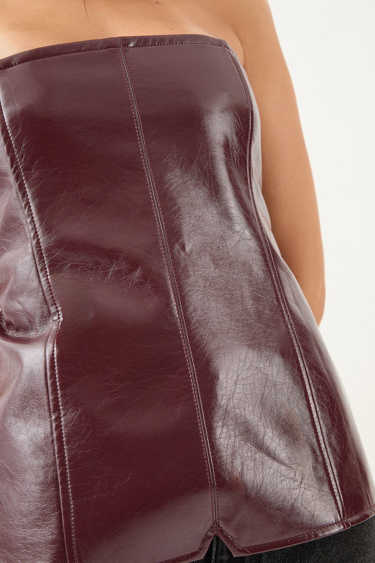 MissPap Tailored Faux Leather Bandeau Top Wine image 4