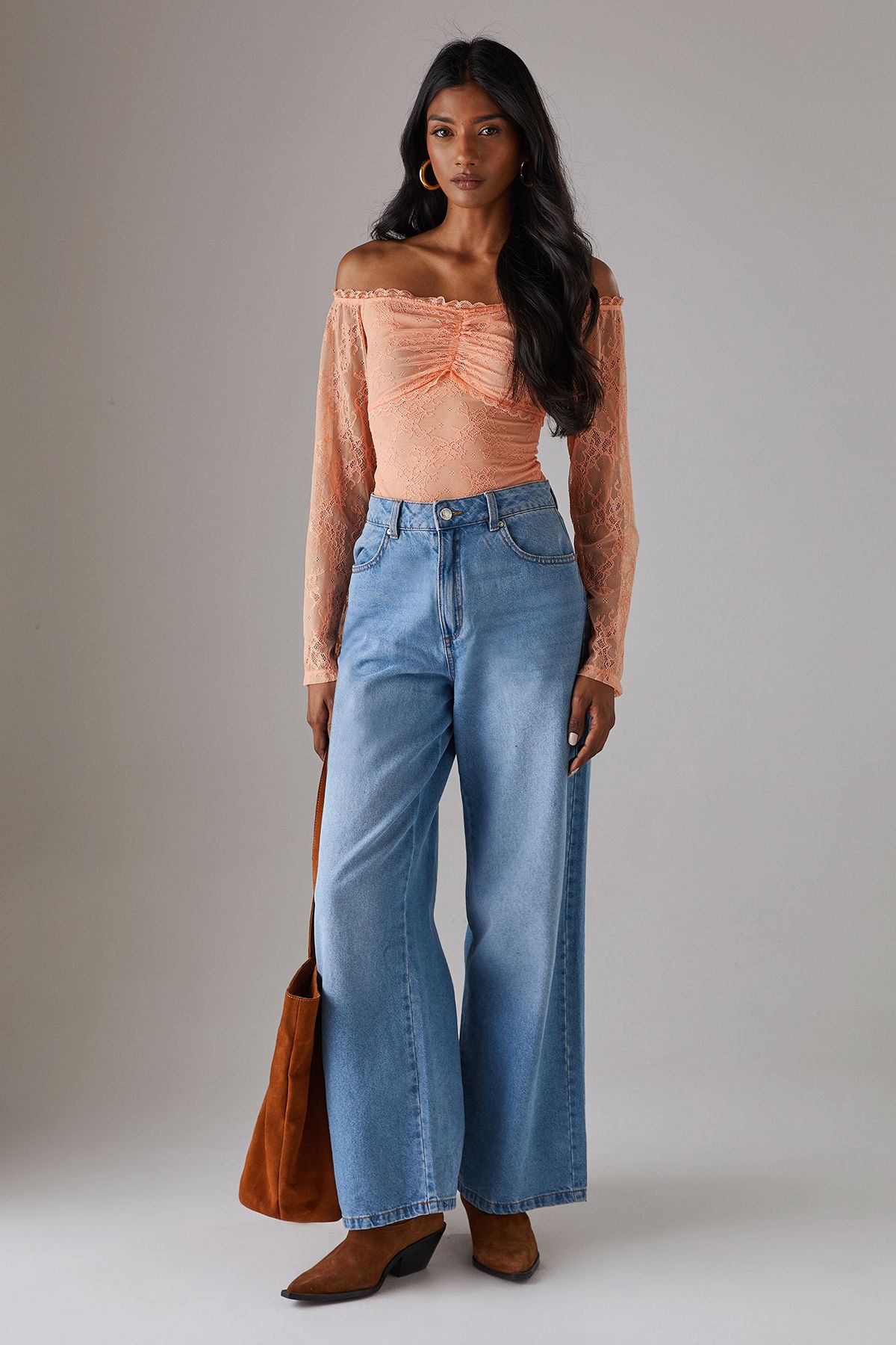 Warehouse Lace Bardot Bow Detail Bodysuit Peach image 4