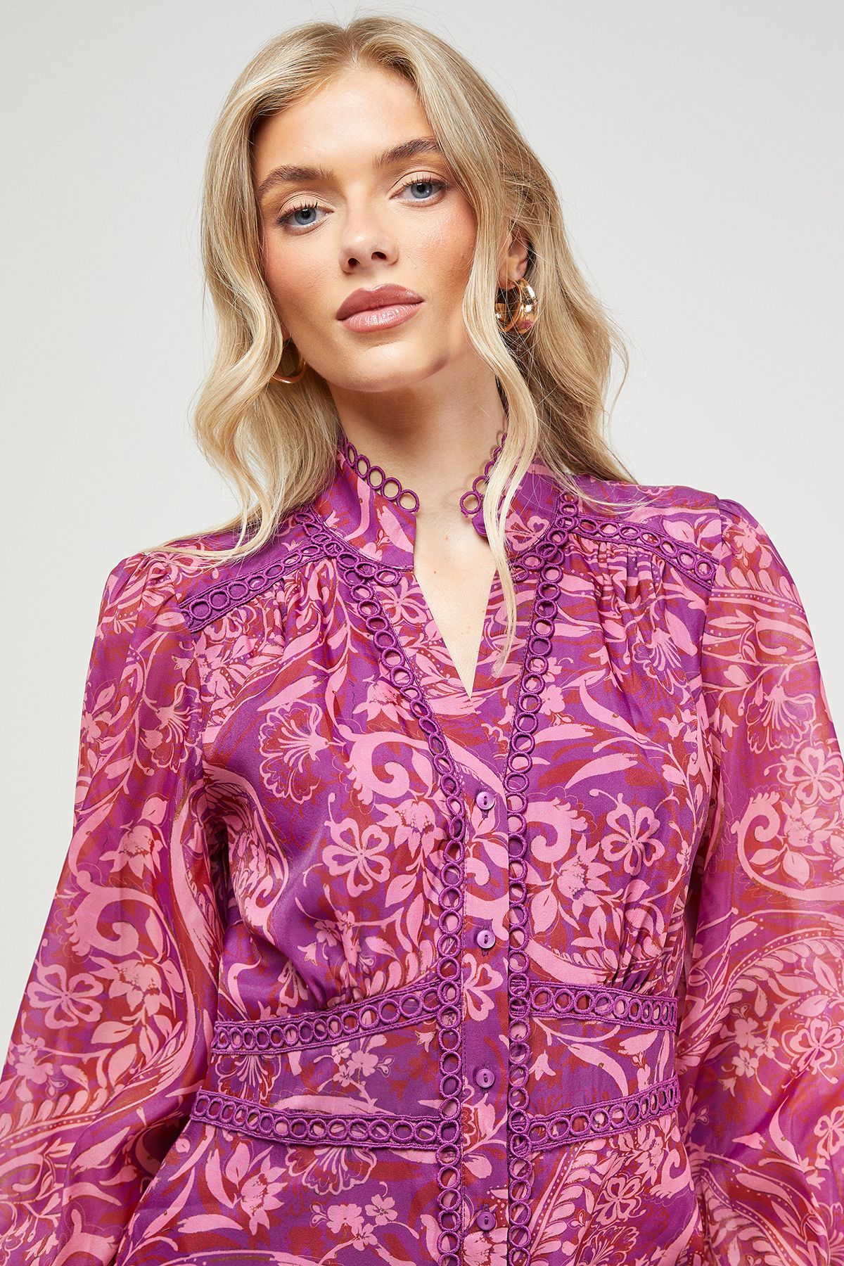 Oasis Printed Lace Trim Boho Shirt Mini Dress Floral image 4