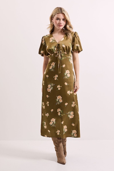 Dorothy Perkins Floral Tie Front Button Up Puff Sleeve Midi Dress Floral