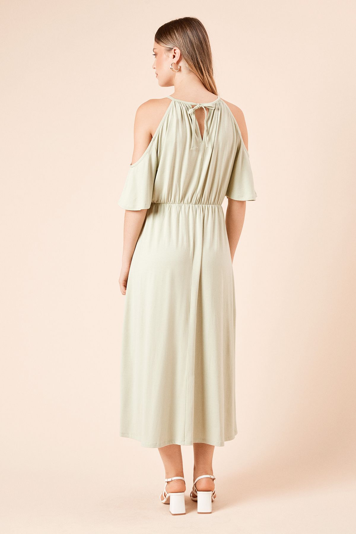 Dorothy Perkins Cold Shoulder Halterneck Jersey Midi Dress Sage image 4