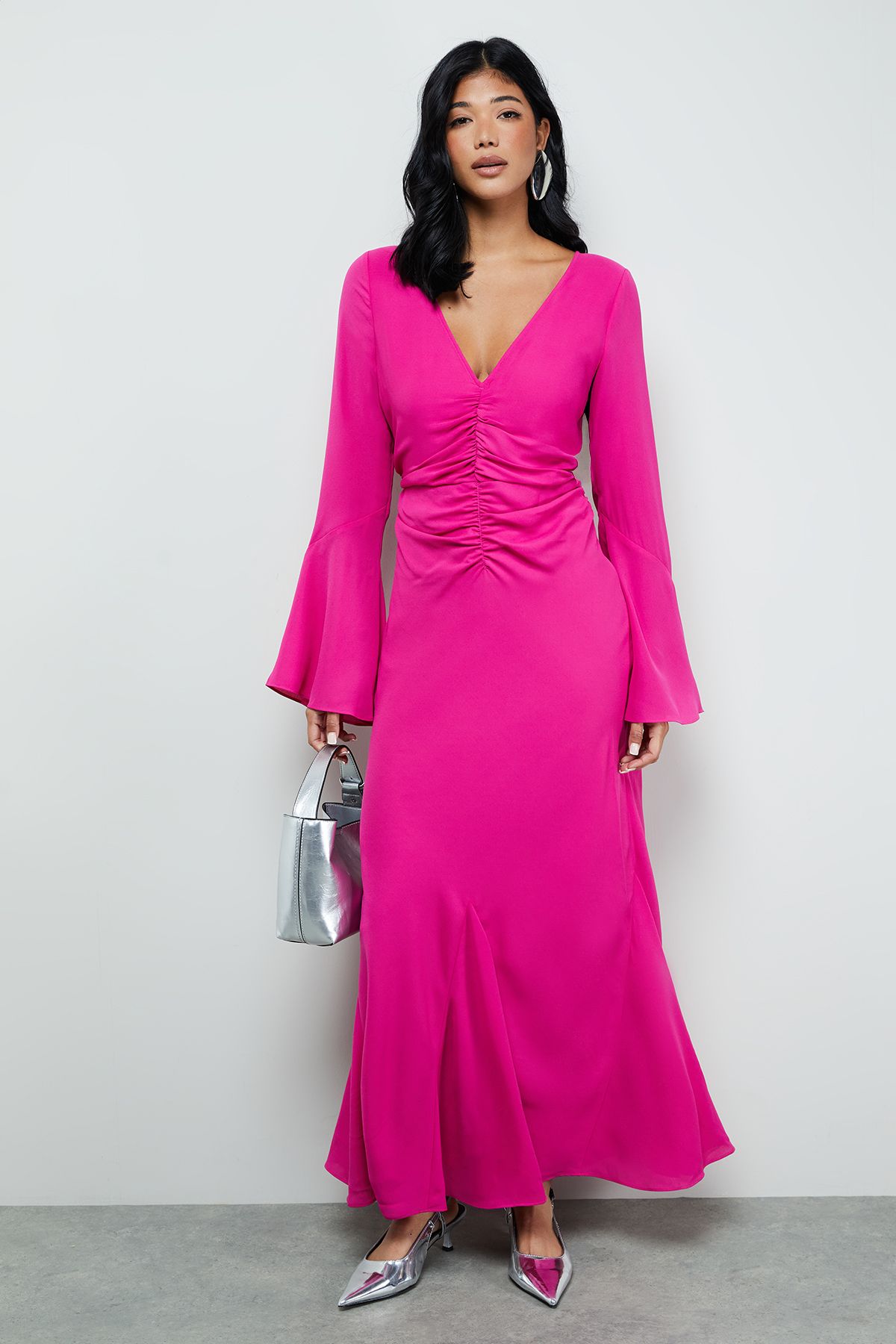 Warehouse Premium Georgette Ruched Front Flutter Cuff Maxi Dress Magenta image 4