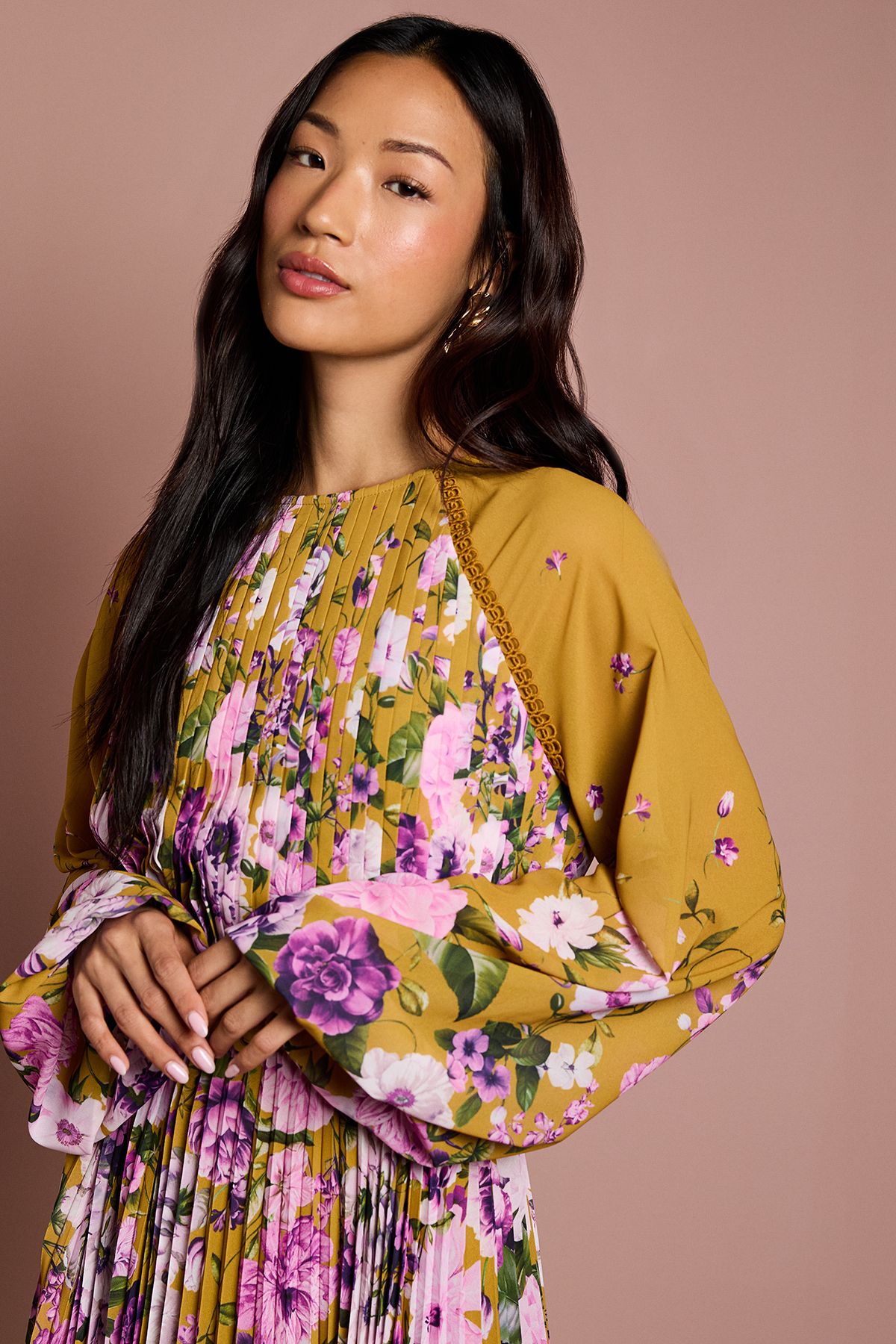 Coast Long Sleeve Floral Pleated Georgette Midi Dress Mustard image 4