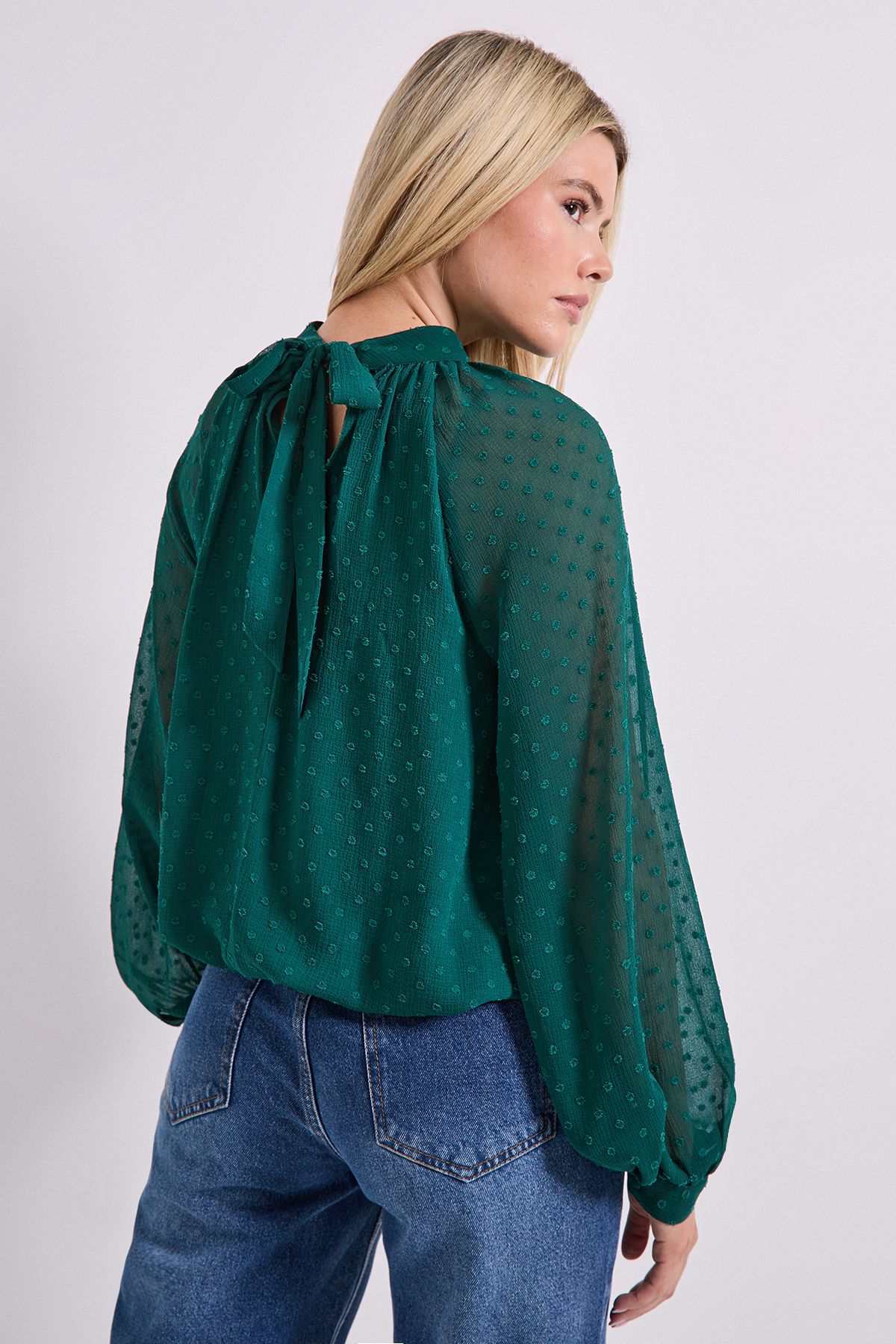 Dorothy Perkins Tie Neck Keyhole Blouson Sleeve Blouse Forest image 3