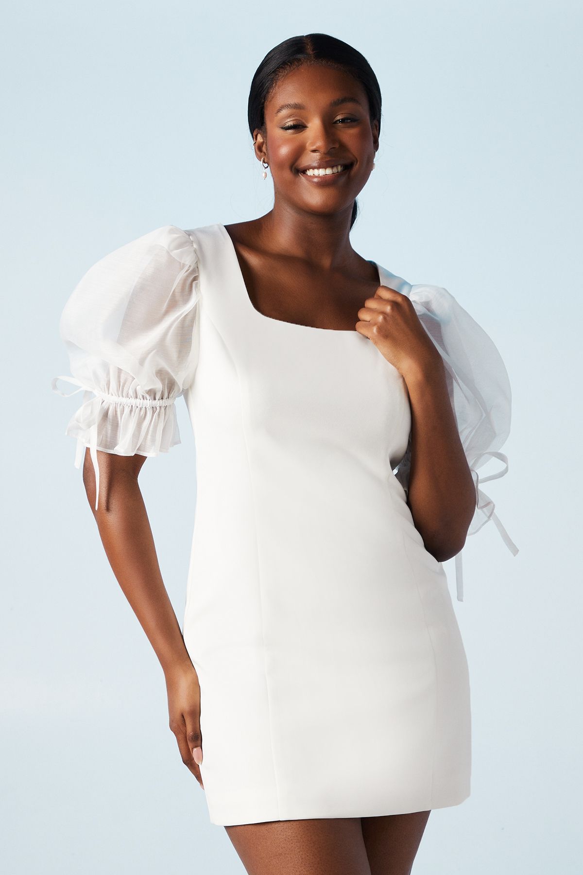 Oasis Stretch Crepe With Organza Puff Sleeve Bridal Mini Dress Ivory image 2