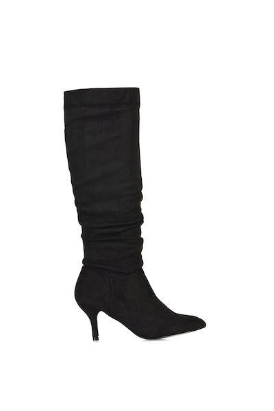 XY London 'Sian' Ruched Knee High Pointed Mid Stiletto Heel Boots