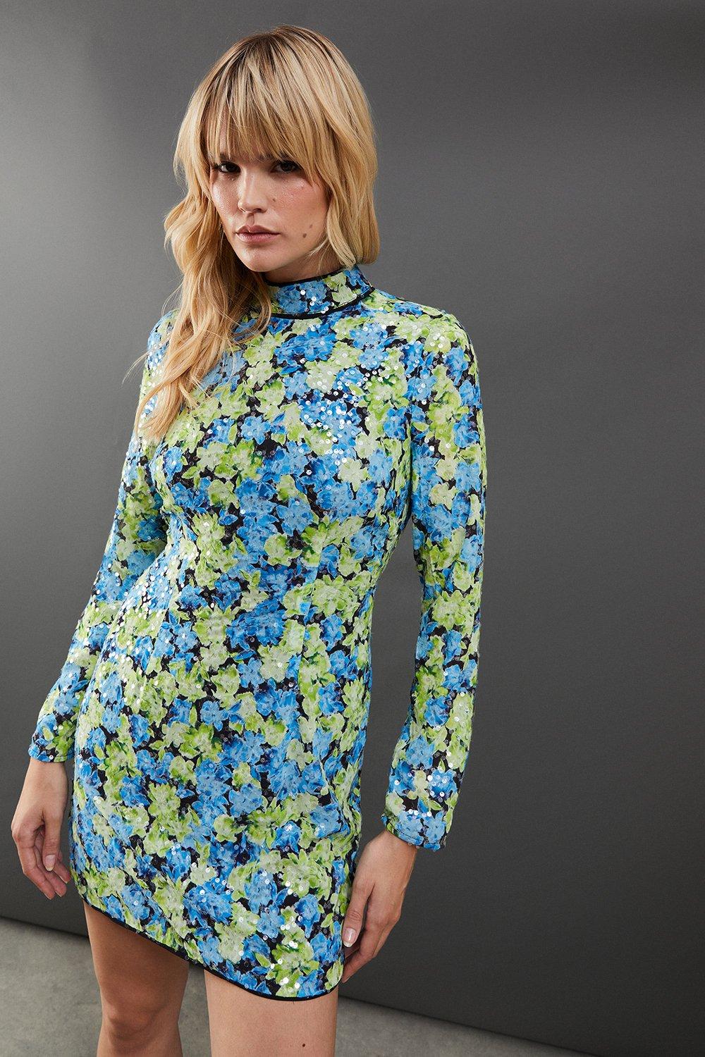 Warehouse Sequin Open Back High Neck Mini Dress Blue image 1