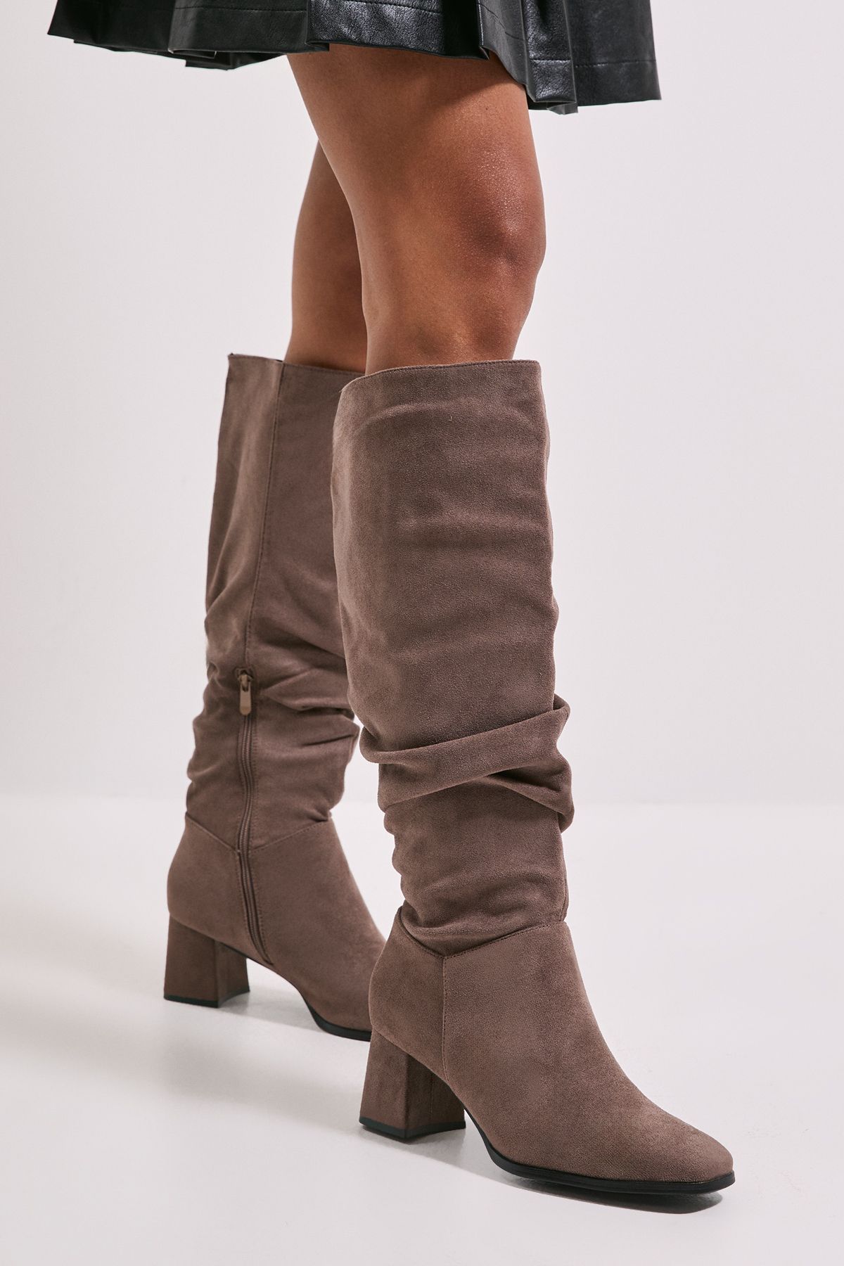Dorothy Perkins Carla Faux Suede Ruche Medium Block Heel Knee Boots Mocha image 1