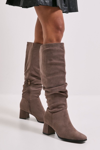Dorothy Perkins Carla Faux Suede Ruche Medium Block Heel Knee Boots Mocha