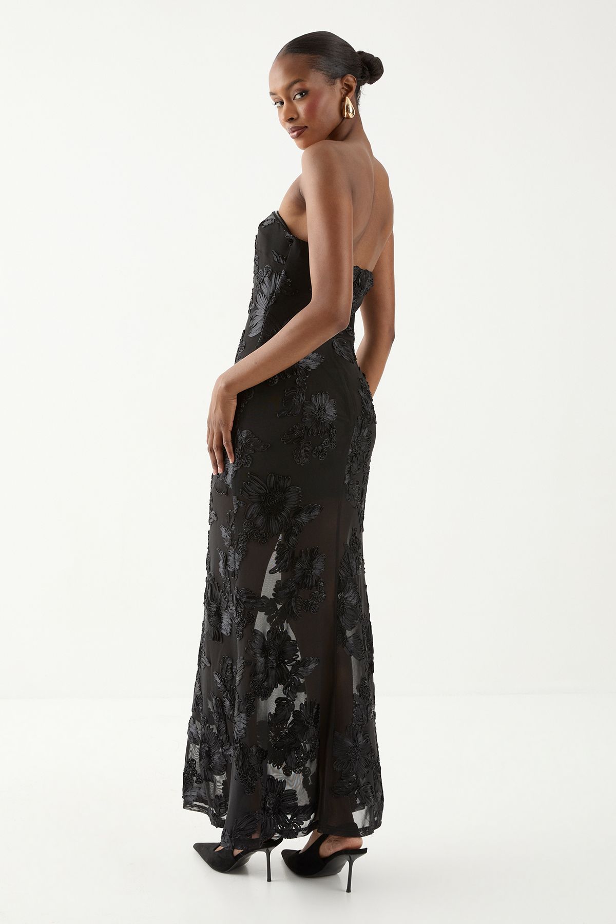 MissPap Floral Textured Bandeau Maxi Dress Black image 4
