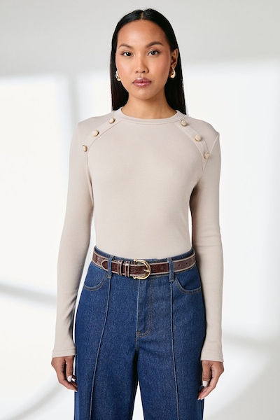Principles Button Detail Rib Top Oatmeal