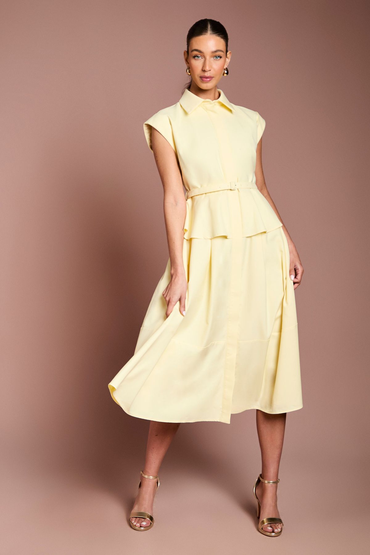 Coast Cap Sleeve Peplum Detail Belted Shirt Dress Lemon