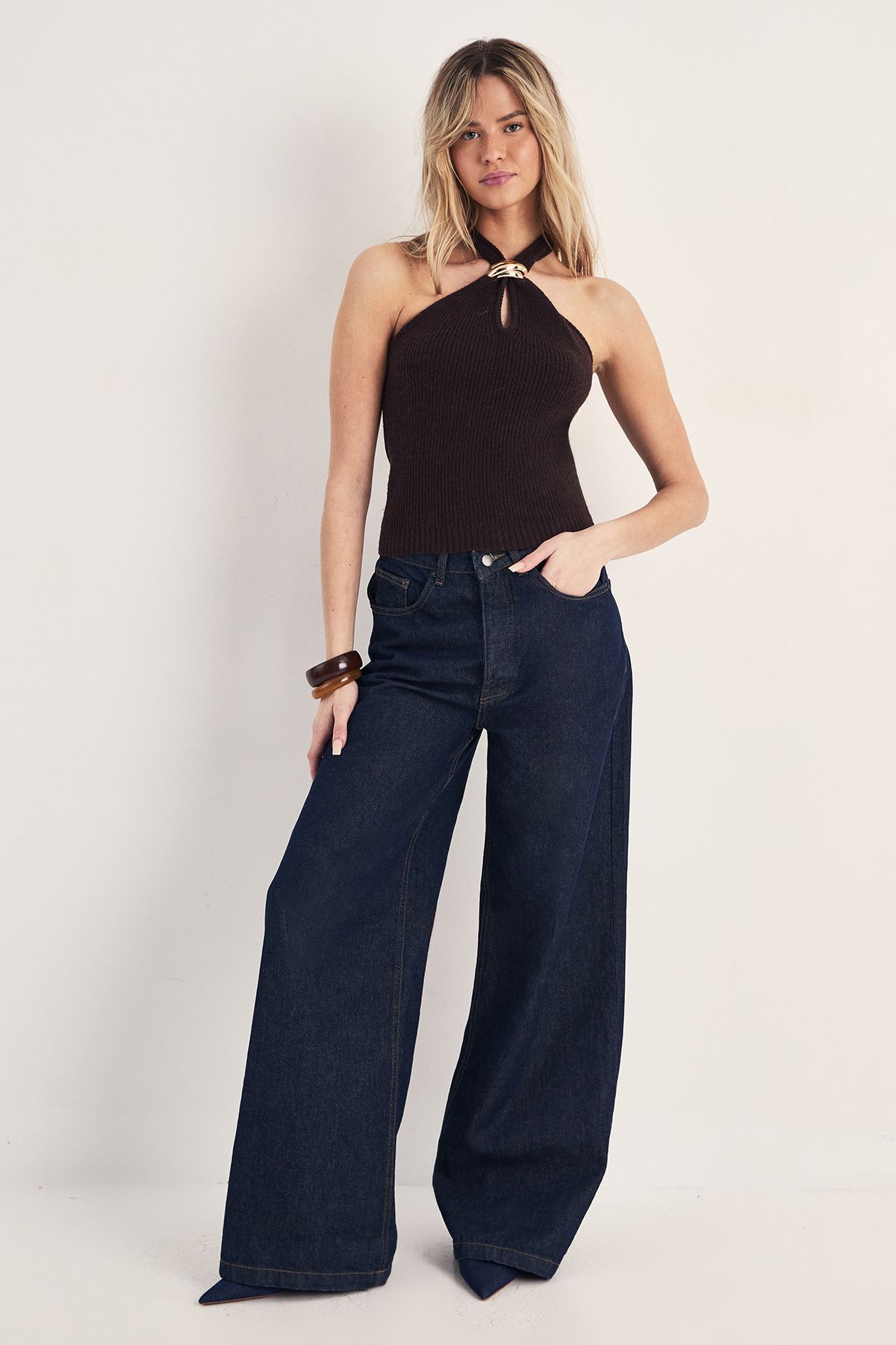 NastyGal Knitted Fine Gauge Metal Trim Halterneck Top Brown image 2