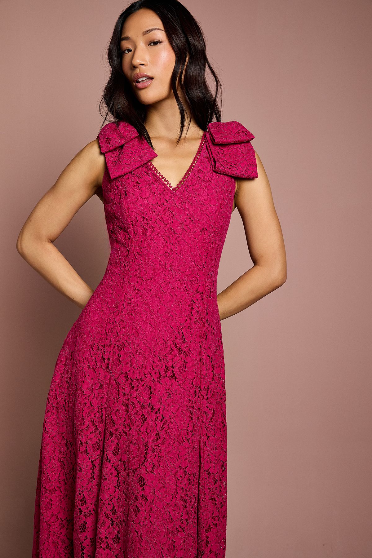 Coast Bow Shoulder V Neck Lace Midi Dress Burgundy image 4