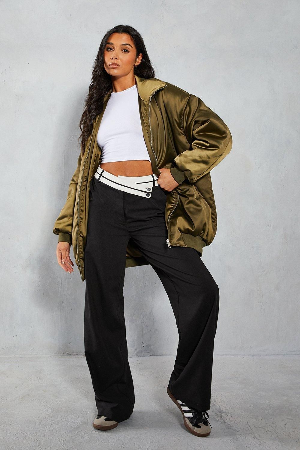 MissPap Oversized Longline Premium Satin Bomber Jacket Khaki image 1