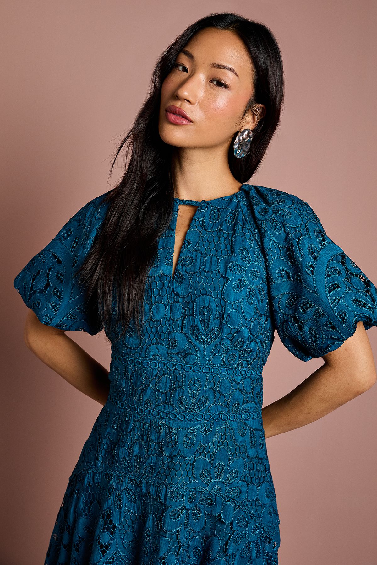 Coast Lace Hanky Hem Puff Sleeve Dress Teal image 4