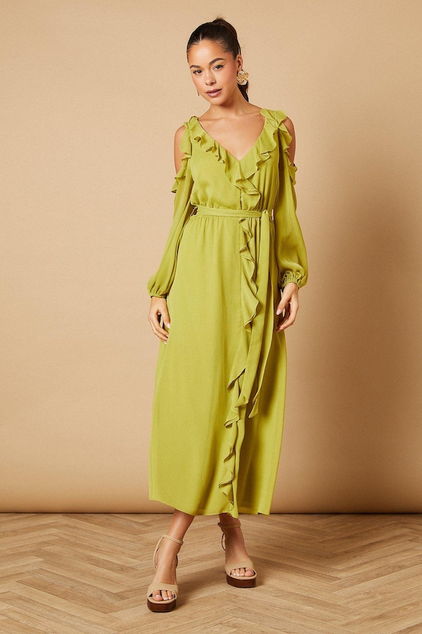 Oasis Cold Shoulder V Neck Belt Detail Midi Dress Green
