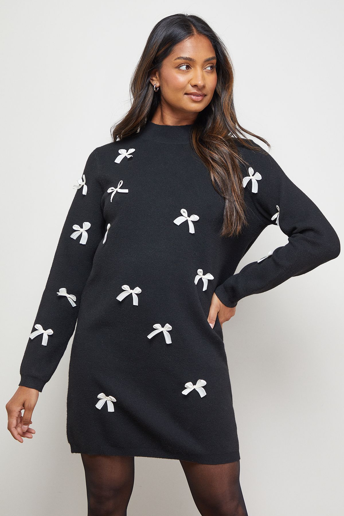 Oasis Bow Front High Neck Knitted Mini Dress Black image 4