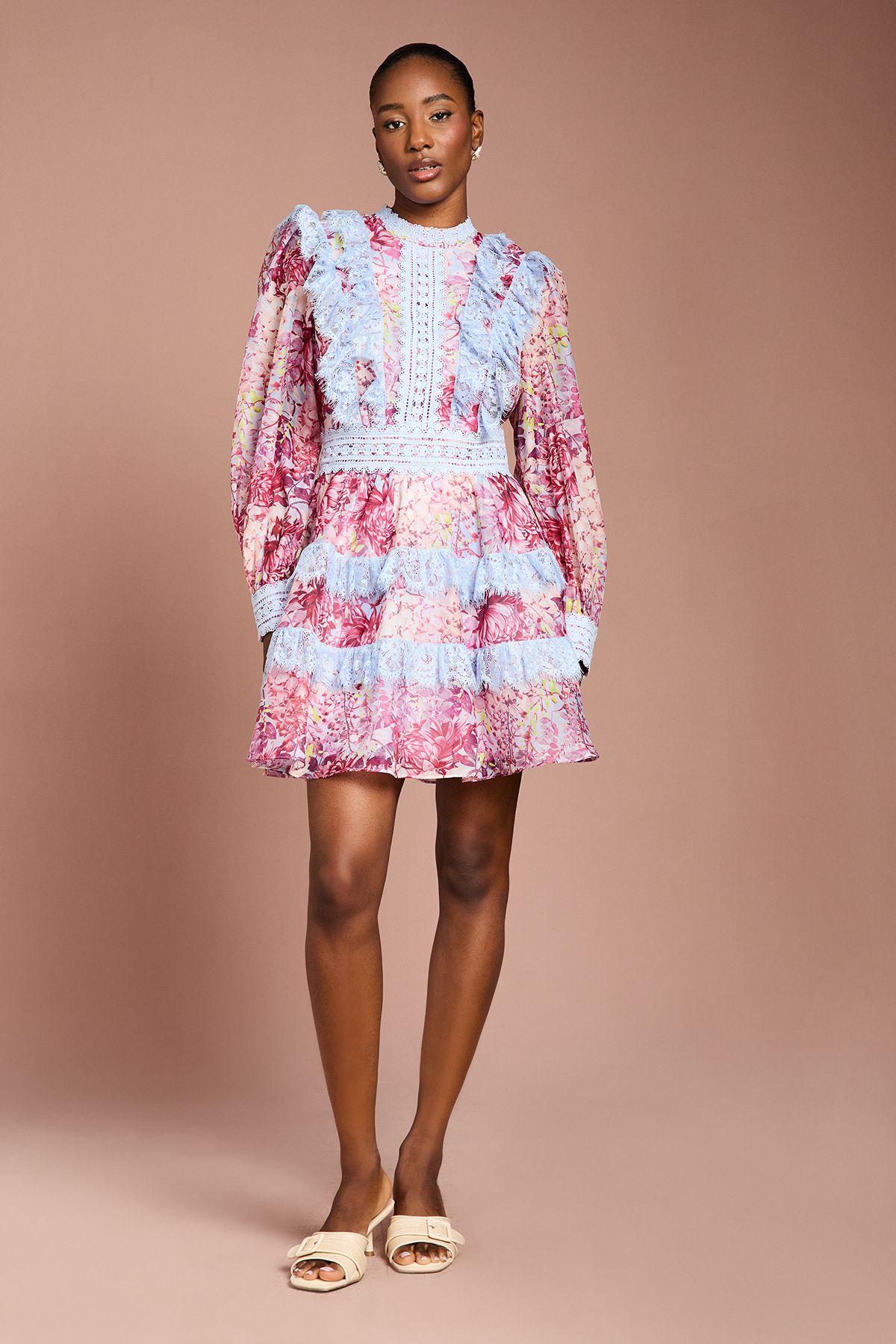 Coast Printed Long Sleeve Lace Trim Mini Dress Pink image 2