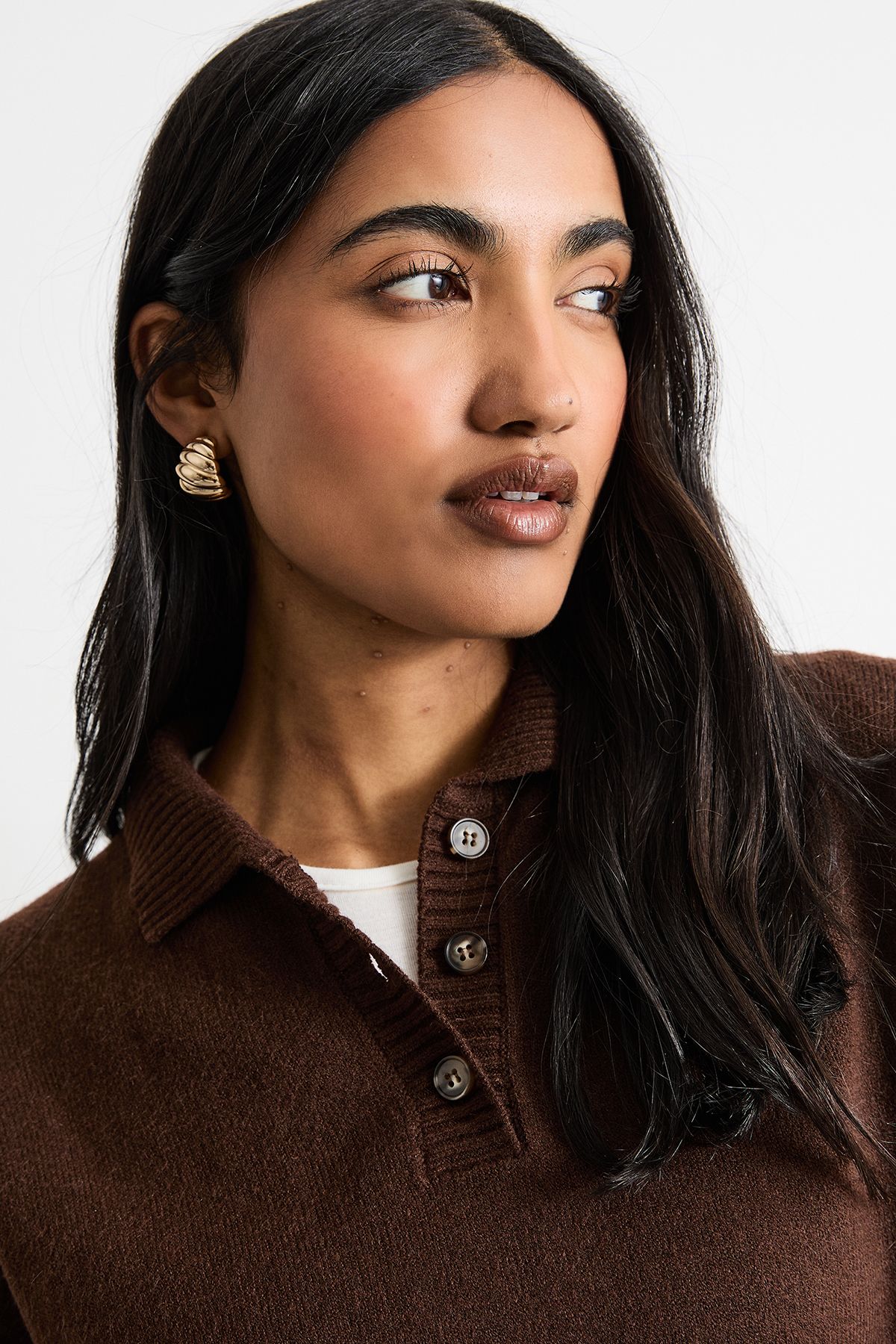 Warehouse Knitted Button Up Collar Detail Jumper Chocolate image 4