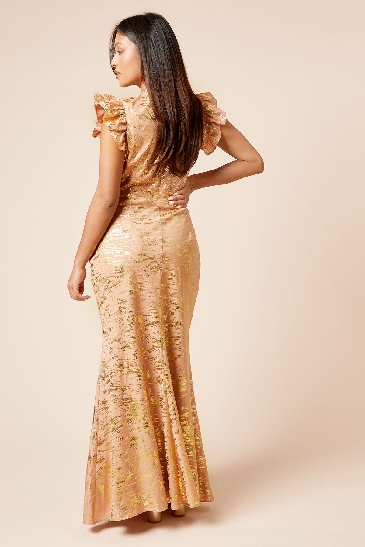 Dorothy Perkins DP Luxe Petite Metallic Frill Shoulder Midi Dress Apricot image 3