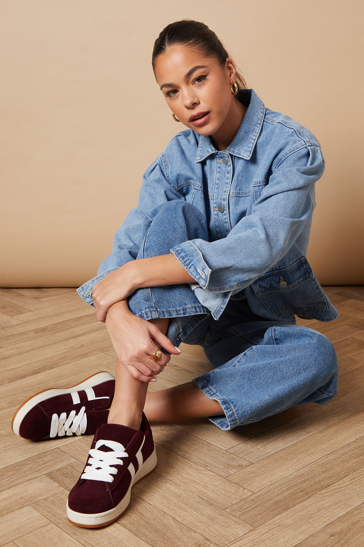 Oasis Leocadia Faux Suede Lace Up Trainers Dark Red image 2