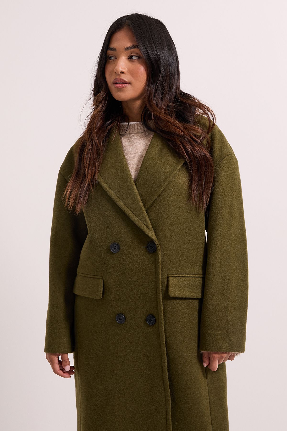 Dorothy Perkins Petite Relaxed Buttoned Midi Coat Khaki image 2