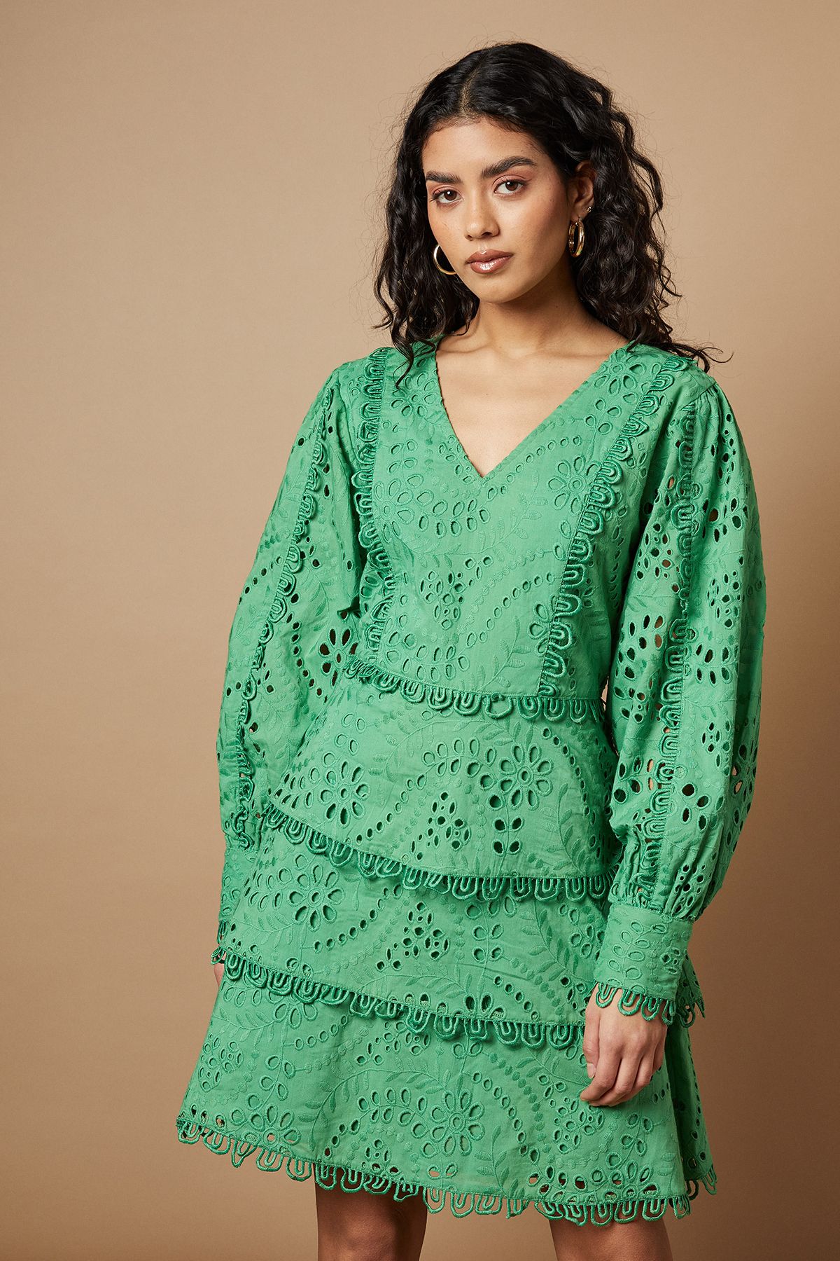 Oasis Petite Broderie Lace Trim Tiered Mini Dress Green image 1