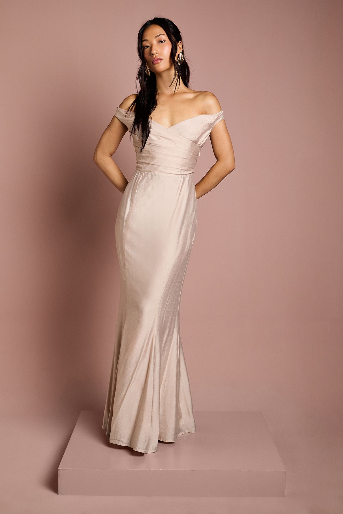 Coast Bardot Gathered Satin Fishtail Bridesmaid Dress Mocha
