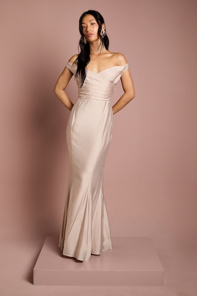 Coast Bardot Gathered Satin Fishtail Bridesmaid Dress Mocha