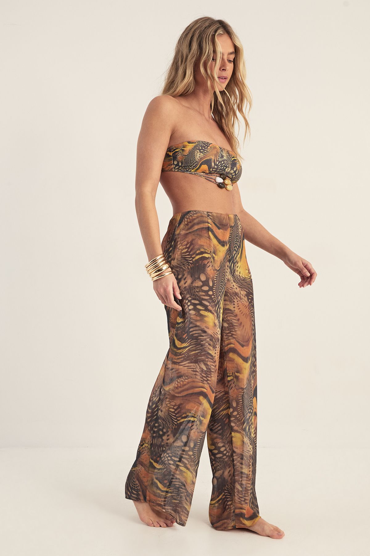 NastyGal Mixed Animal Chiffon Beach Trousers Orange image 1