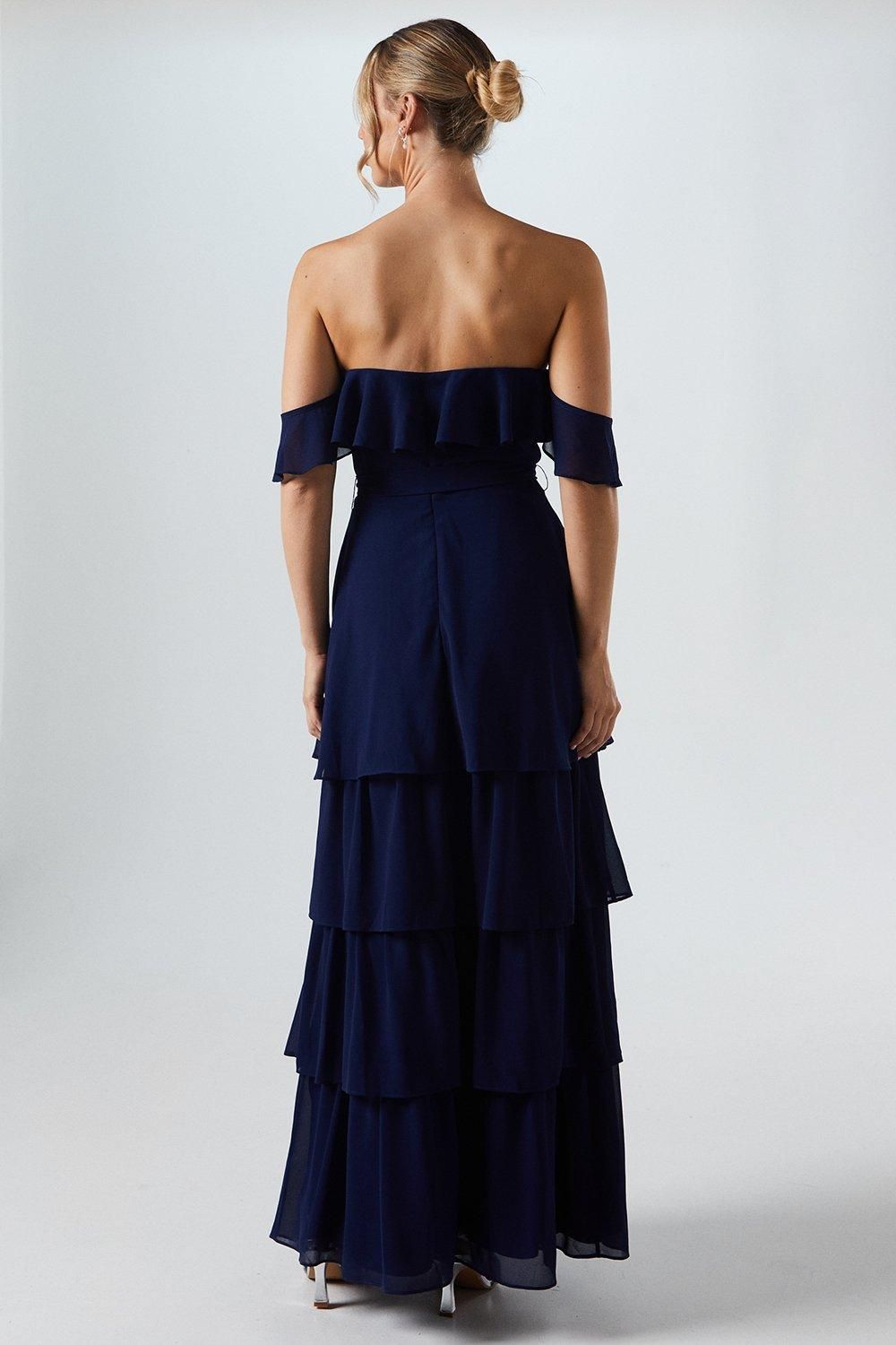 Oasis Bardot Tiered Georgette With Tie Detail Bridesmaid Dress Navy image 3