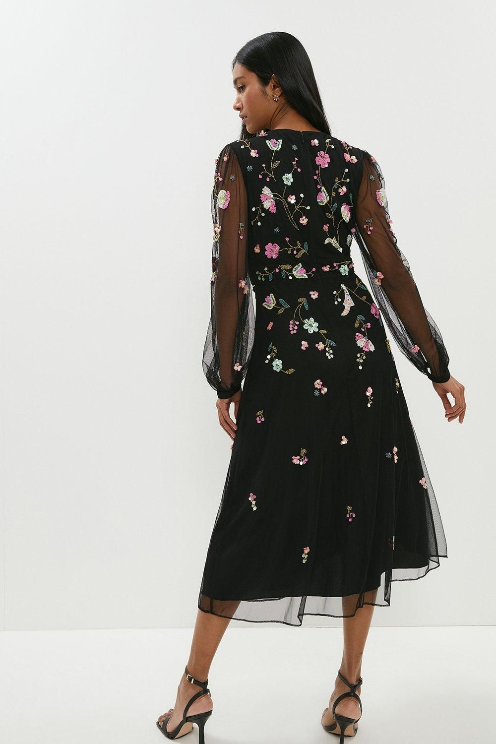 Coast Embellished Trim Long Sleeve Midi Dress Black image 3