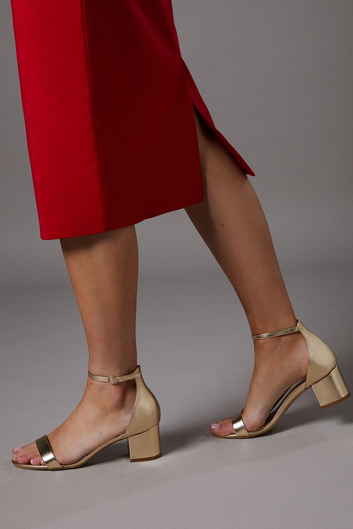 Coast Thelma Faux Leather Ankle Strap Medium Block Heel Sandals Gold image 3