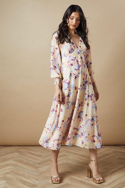Oasis Floral Button Long Sleeve Midi Dress Cream