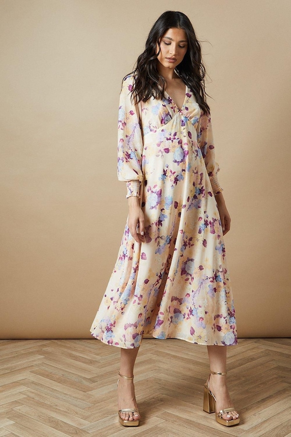 Oasis Floral Button Long Sleeve Midi Dress Cream