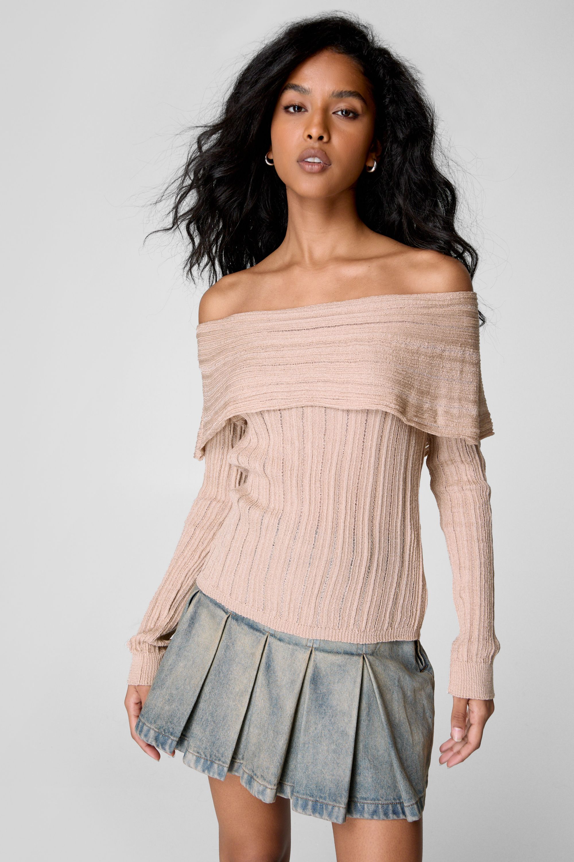 NastyGal Knitted Off The Shoulder Long Sleeve Top Stone