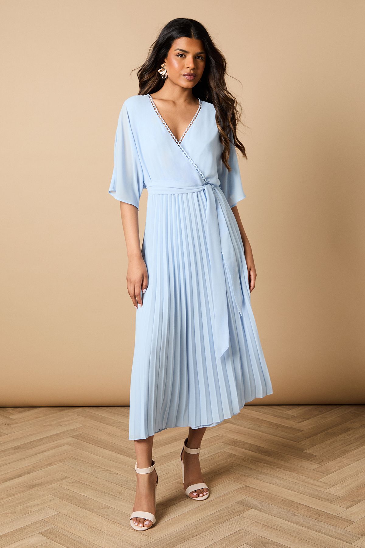 Oasis Petite Occasion Kimono Sleeve Pleated Midi Dress Cornflower Blue image 1