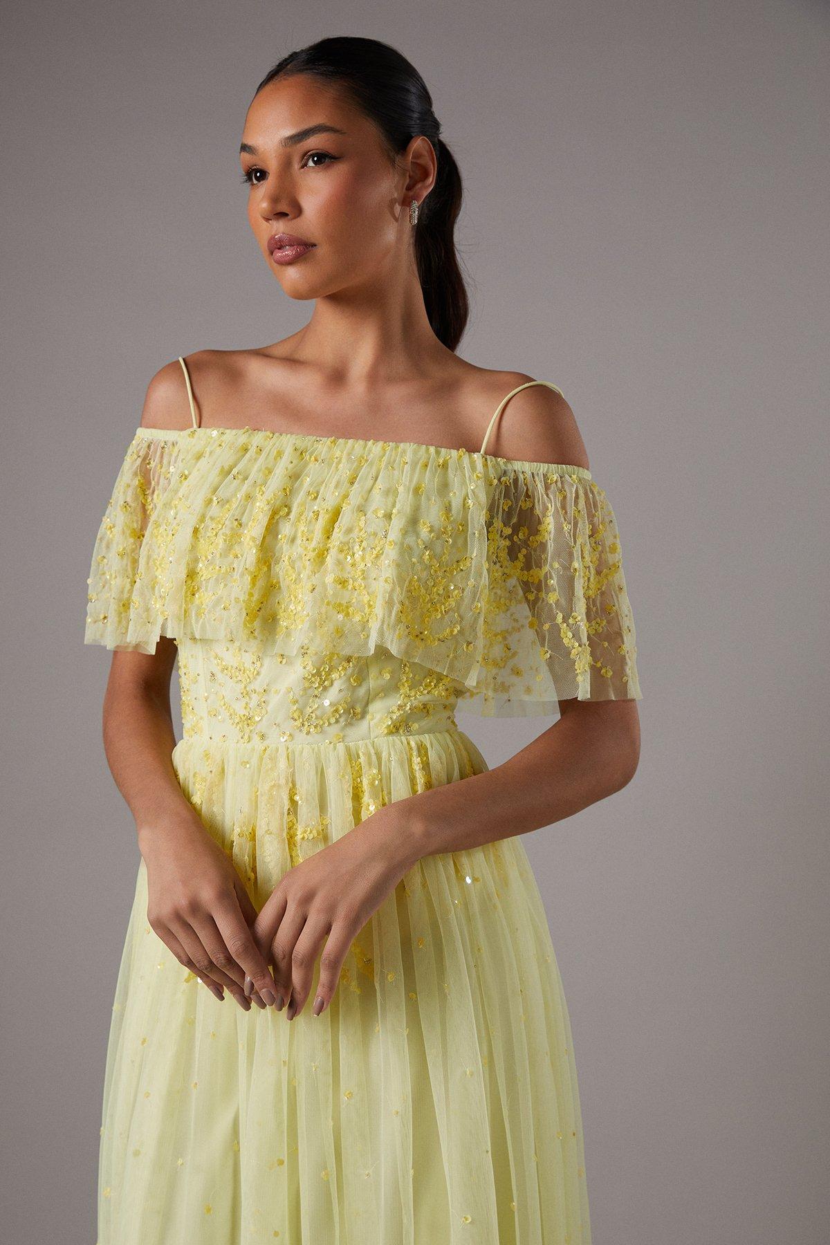 Coast Sequin Mesh Midi Dress With Flutter Sleeves Lemon image 4