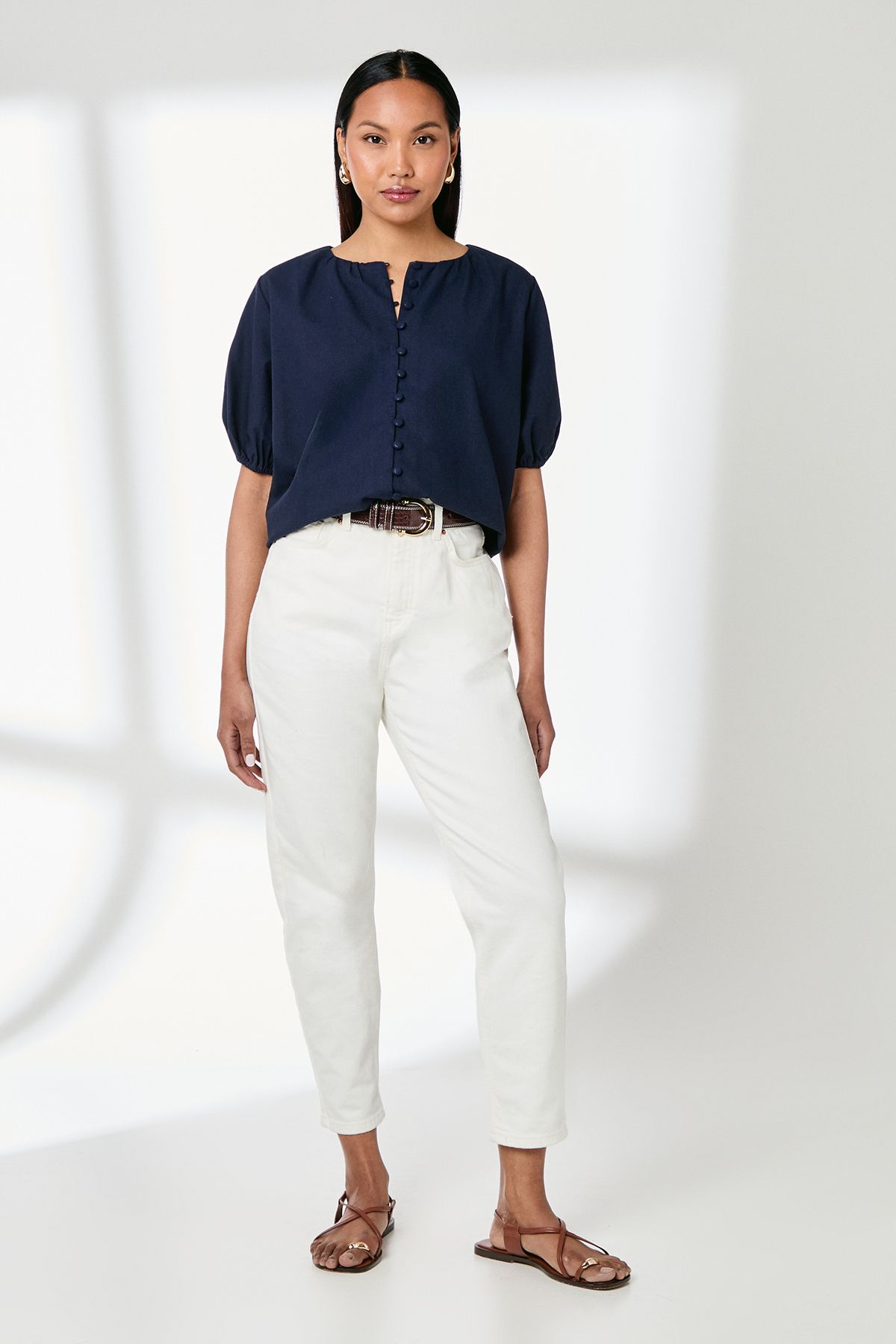 Principles Puff Sleeve Button Front Linen Shirt Navy image 2